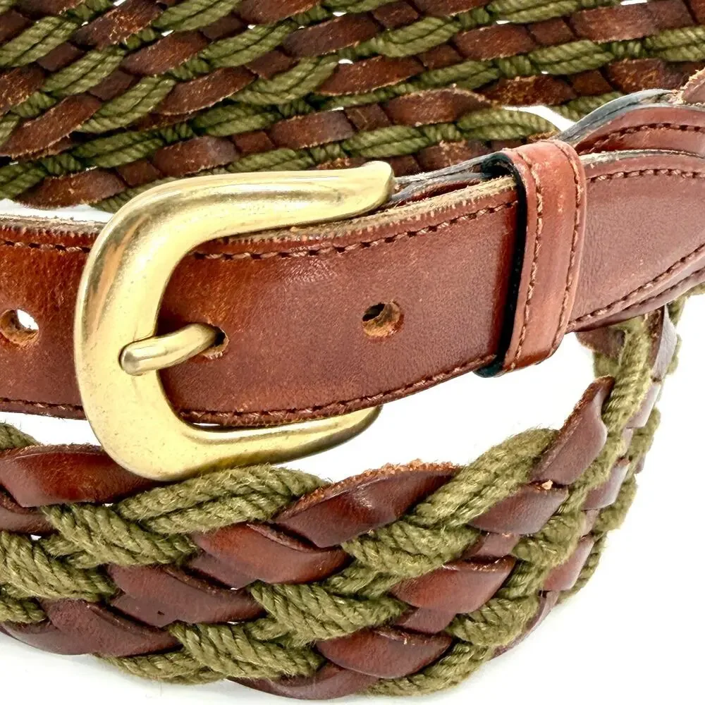 Vintage 90s Tuttle Golf Collection Brown Leather Green Cord Woven Belt